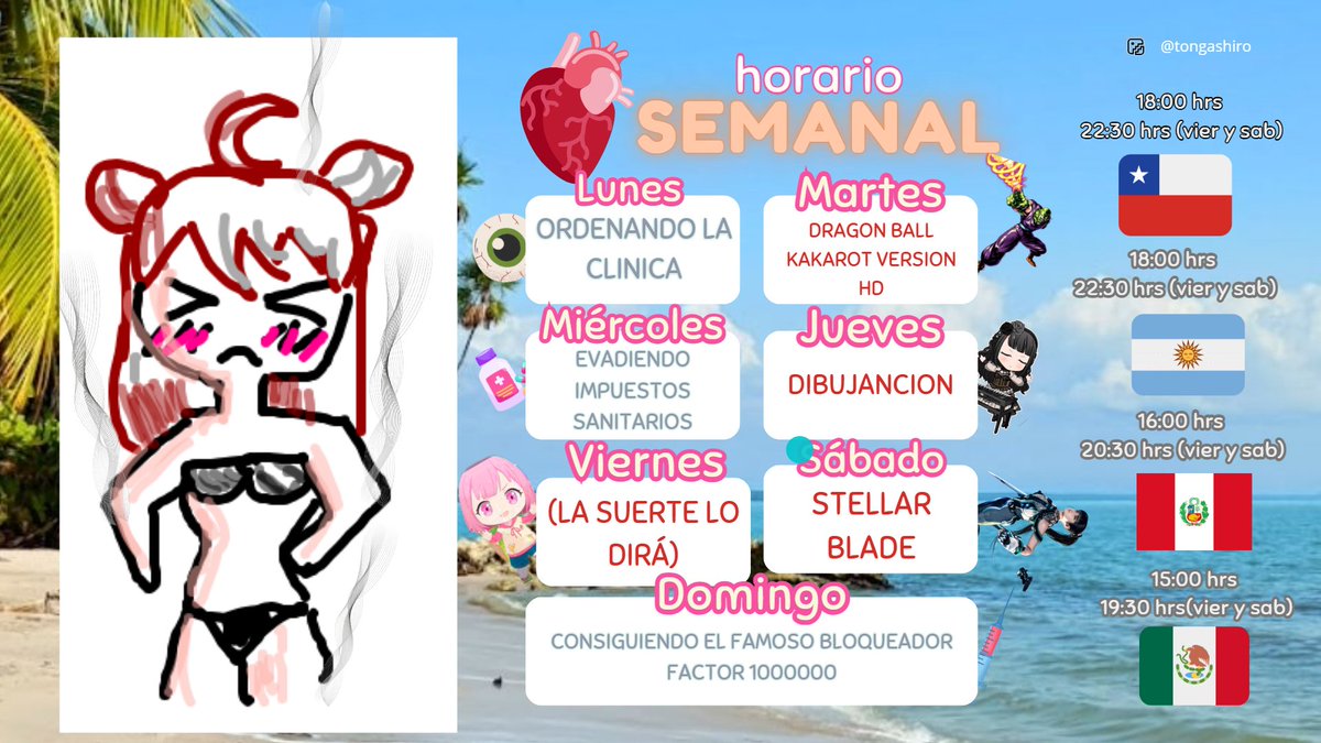 HORARIO SEMANAL VERANIEGO!!!  ٩(◕‿◕｡)۶   

pinches 30 gradoss!!!  ya saben, geimplay quejandome del calor, con hielo c/ juego al lado xd
puede variar la hora, se avisa si pasa, asi qe traigan su 🍨 para la espera -w- 
dibujo por alguien enel gartic ;3
se les kere ヾ(≧▽≦*)o
