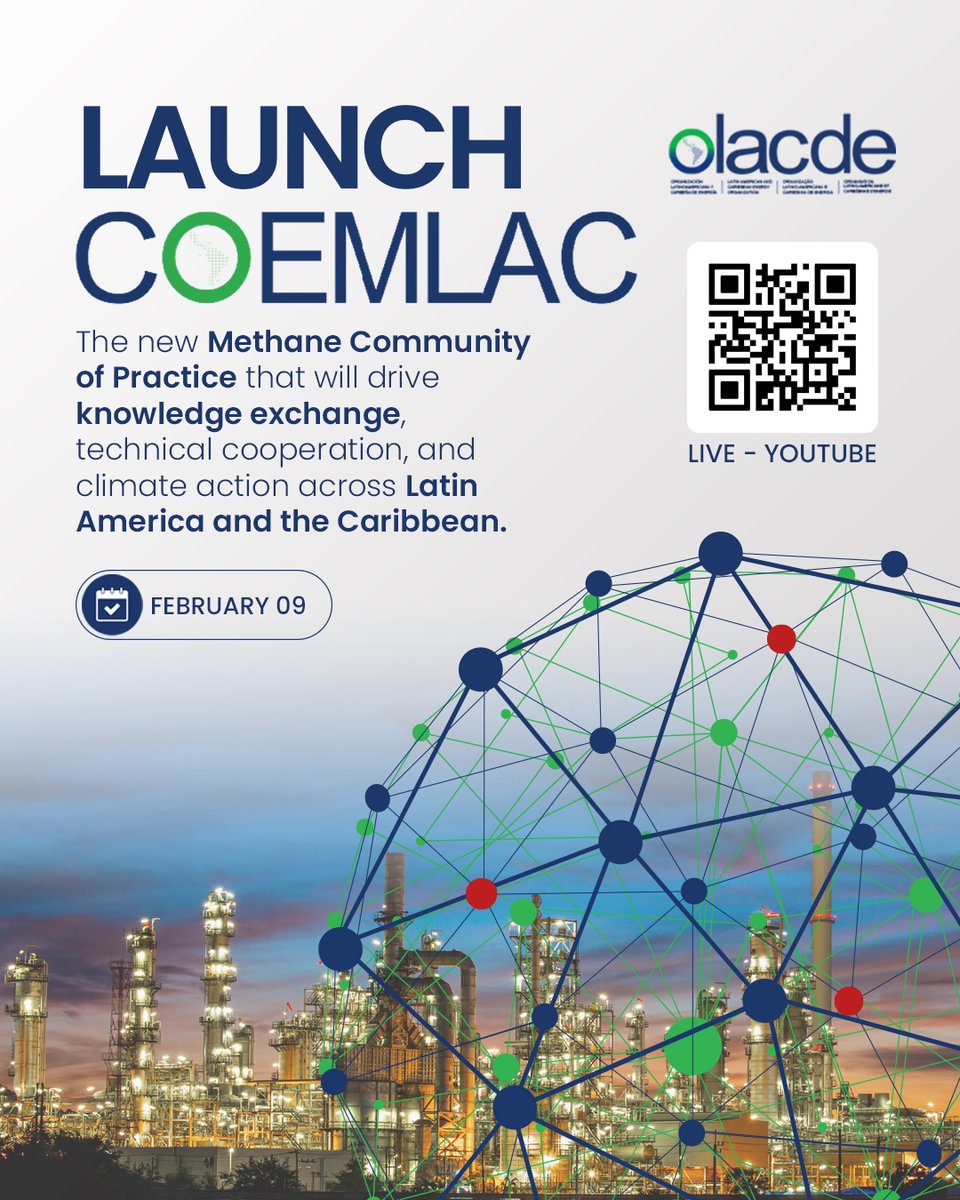 📌 From #OLACDE, we highlight the official launch of #COEMLAC, a new Community of Practice that will strengthen technical exchange and climate action for methane mitigation in #LatinAmerica and the #Caribbean.
We invite you to follow the live stream this February 9, 2026, and