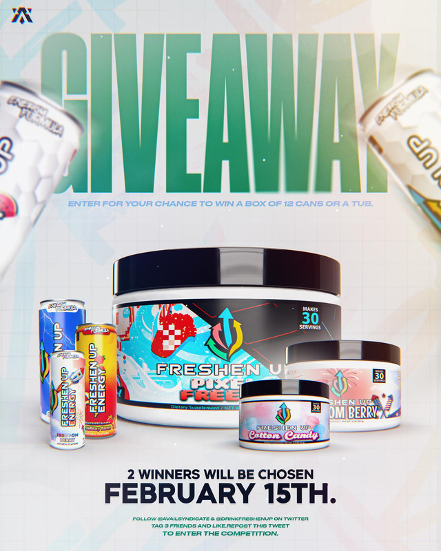 In honor of our recent PARTNERSHIP with <a href="/DrinkFreshenUp/">Freshen Up Energy</a>, we will be doing a GIVEAWAY with 2 WINNERS for either a 12 pack of Cans or a Tub of your CHOICE! 😎

- Follow US and <a href="/DrinkFreshenUp/">Freshen Up Energy</a>
- Tag 3 Friends
- Like and RT this post

Winners announced Feb. 15th!

#WeAreAvail 👀💫