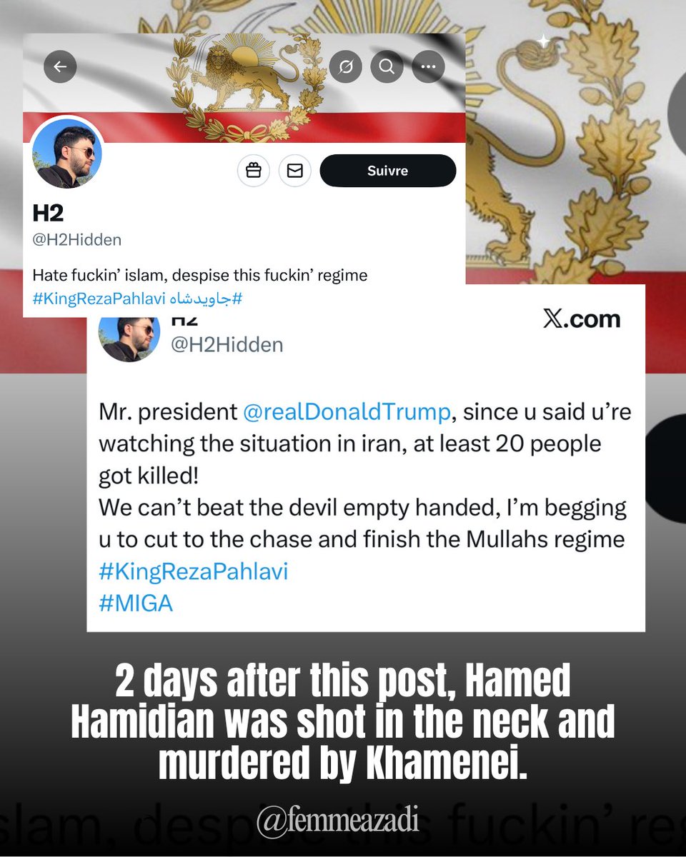 Hamed Hamidian a été tué d’une balle dans la nuque deux jours après avoir posté ce tweet :

« Monsieur le Président <a href="/realDonaldTrump/">Donald J. Trump</a>, puisque vous avez dit que vous surveilliez la situation en Iran, au moins 20 personnes ont été tuées !
On ne peut pas combattre le diable les