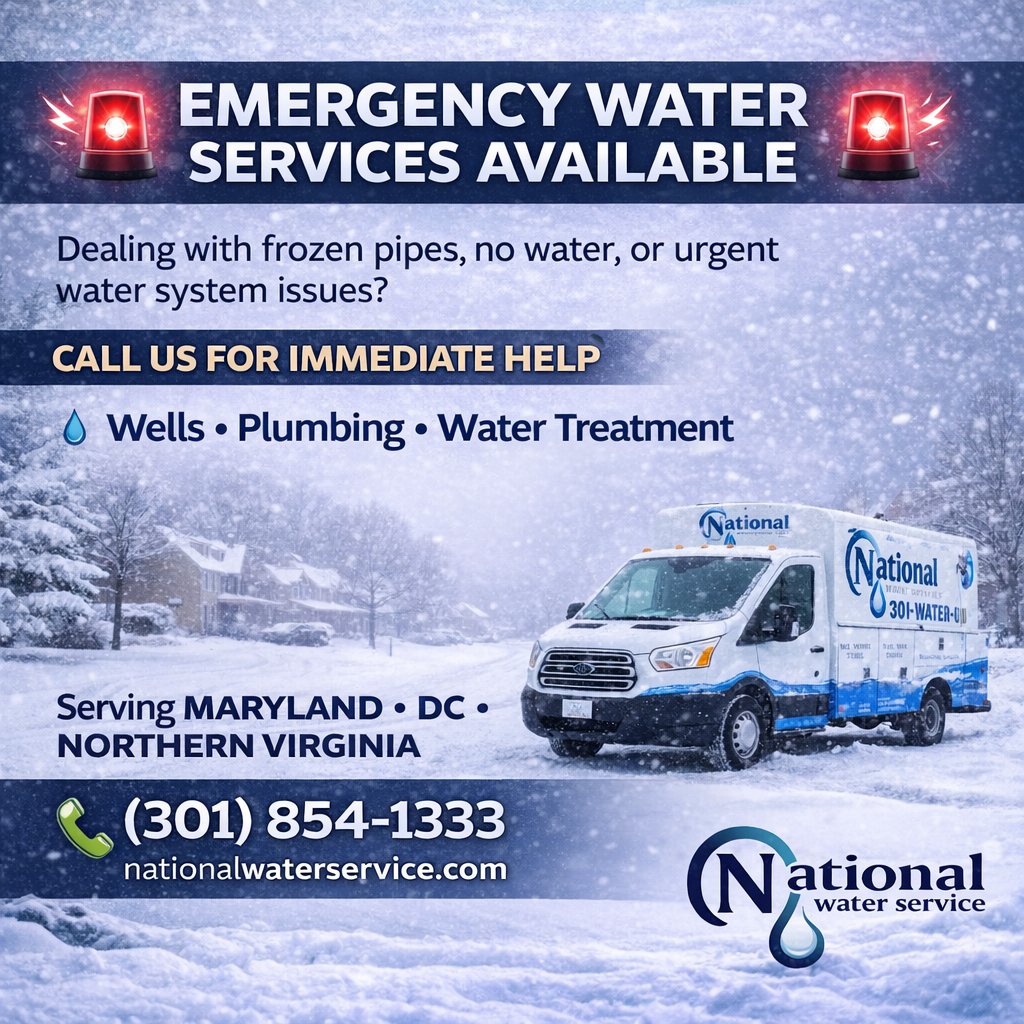 Snowstorm Aftermath
Now that the snow has passed, it’s a good time to check your water systems

Watch for:
• Low water pressure
• Leaks or strange noises
• Cloudy or discolored water
Cold weather can still affect wells, plumbing &amp; water heaters after the storm.

MD • DC • VA