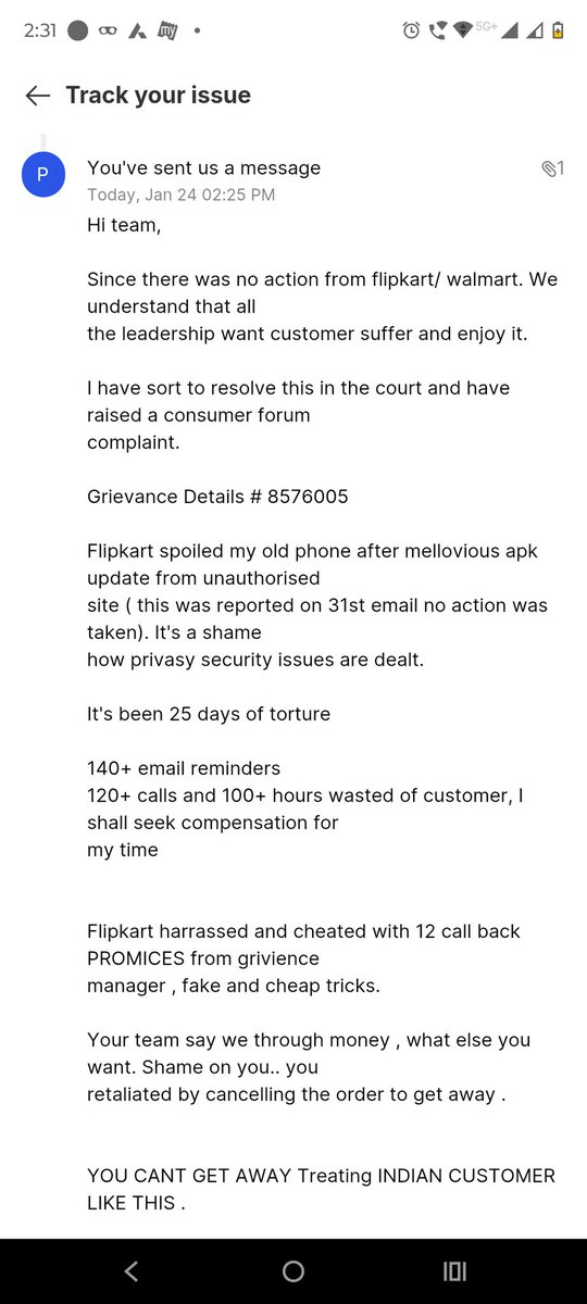 Jioabhi5's tweet image. @flipkartsupport  wishmasted tamped customer old phone. By installing an apk file from an unauthorised site. Who will pay for the damage ? since 28 days fooling customer  , 184 followups..    #fraid  #cheaters  manipulating complaints ..