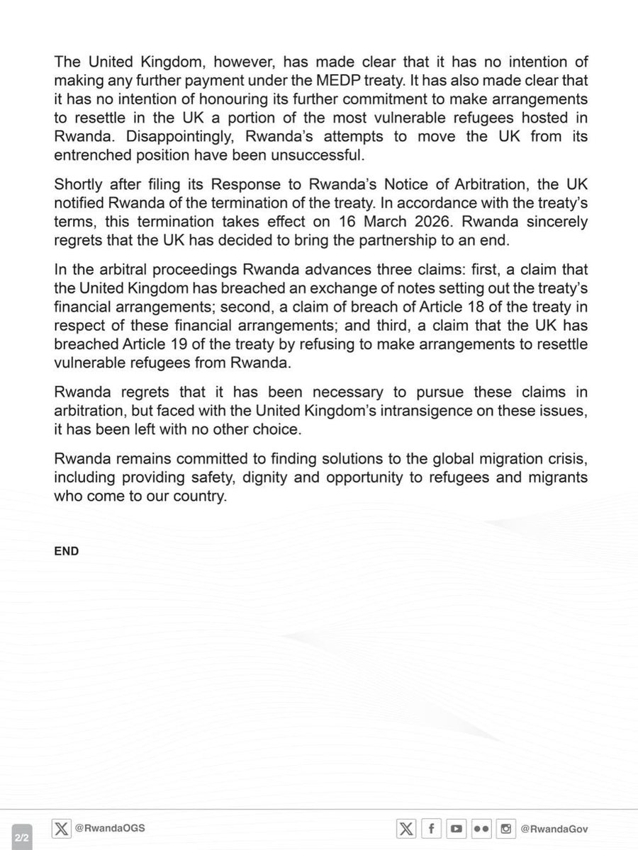 Statement on Rwanda’s Arbitration Proceedings against the United Kingdom on Cancelled Migration Partnership

Link: gov.rw/fileadmin/user…