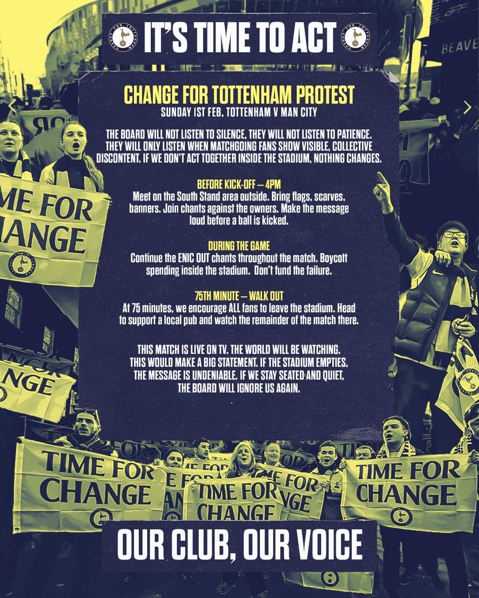 🚨🚨🚨 Protest Announcement: 

⚽️ Tottenham vs Man City, 1st February
📌 Area outside the South Stand 
⏰ Protest starts at 4pm

Our Club. Our Voice.