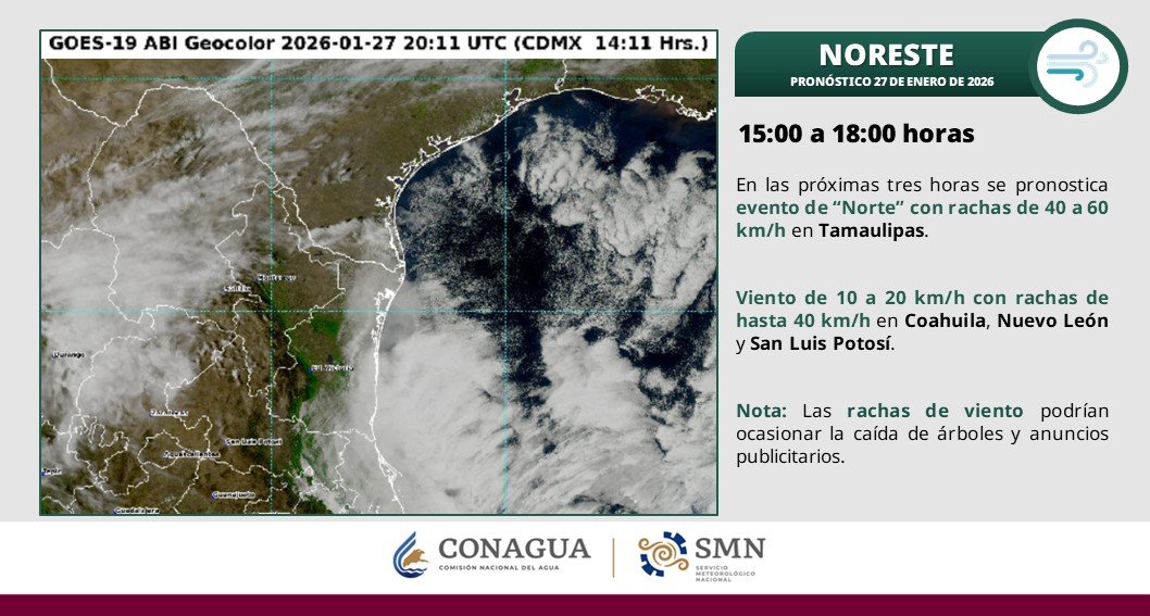 Continuará durante la tarde de hoy el #EventoDeNorte con #Rachas de 40 a 60 km/h en #Tamaulipas y con rachas de hasta 40 km/h en #Coahuila, #NuevoLeón y #SanLuisPotosi