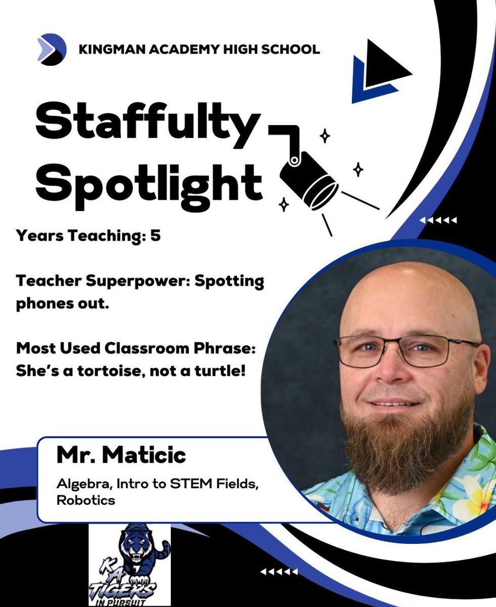 🎉The Fun Stuff🎉 
One thing students might be surprised to know: Teaching is my third career.
Mantra to live by: Fail Harder!
Classroom unofficial theme song: Believer ~Panic at the Disco or White &amp; Nerdy ~"Weird Al" Yankovic
If he wasn't a teacher, he'd be an engineer.