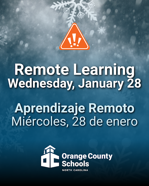 OrangeCoSchools's tweet image. ❄️ REMOTE LEARNING❄️ Wednesday, January 28, 2026 is Remote Learning Day #3 in Orange County Schools.
➡️Remote Learning: see messages from your child's school and bit.ly/4rmCCNs
➡️Weather Readiness: bit.ly/4q6X0kE
Keep staying safe out there! #OrangeCountyFirst