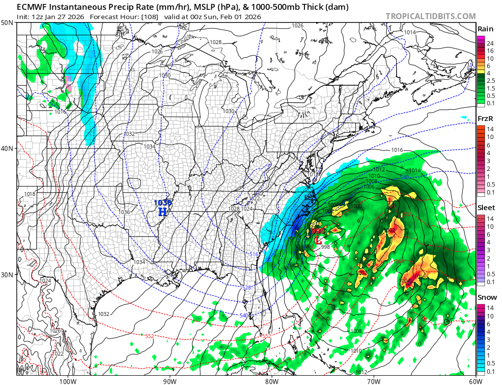 WeatherToday2's tweet photo. Not sure if you could get a better look for a significant winter storm across the Mid-Atlantic (parts of NC/SC as well). The forecasted storm, which is now 4-5 days out on the EURO, positioned roughly 100 miles Southeast of Cape Hatteras. You can bet on that NW trend around here. https://t.co/rNQTeCXAK9