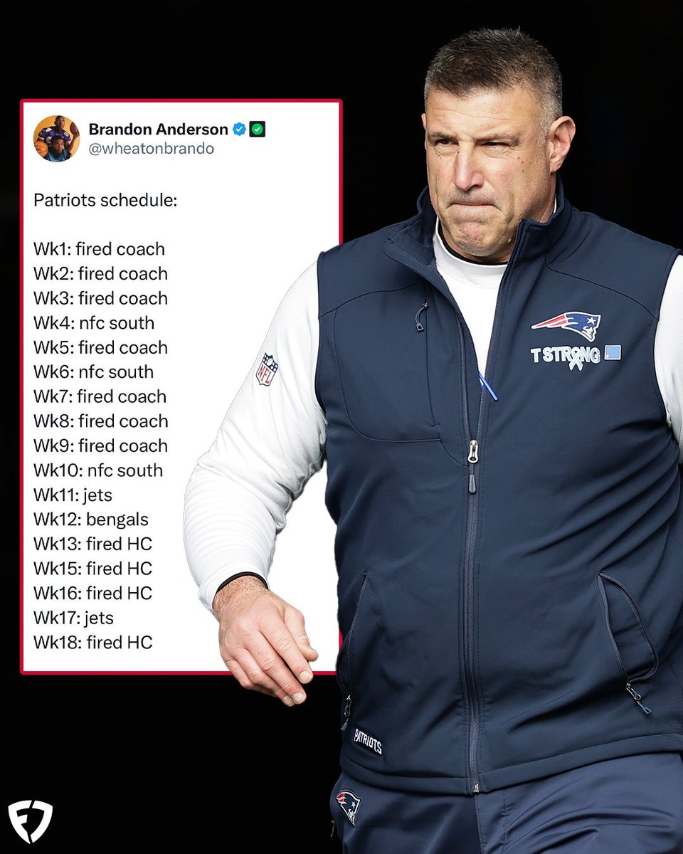 FanDuel's tweet photo. This is INSANE.

The Patriots played 11 games this season against coaches that ended up getting fired 🤯

h/t @wheatonbrando | #NEPats https://t.co/rjIysnhA86