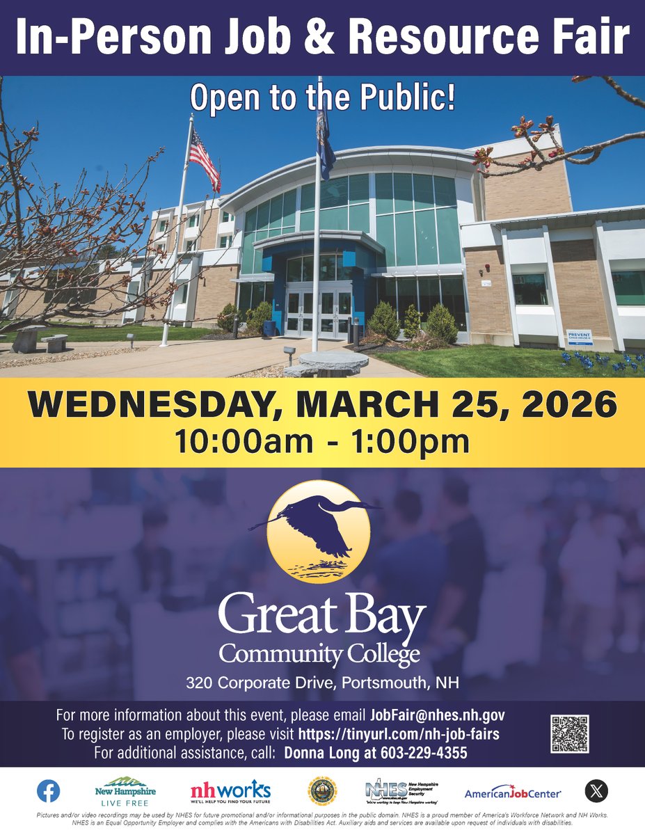 NHESWorking's tweet image. NH's Seacoast Region In-Person Job &amp;amp; Resource Fair
Wednesday, March 25, 2026
10:00am - 1:00pm

Great Bay Community College
320 Corporate Drive
Portsmouth, NH

#NHWorks #JobsInNH #NHJobs #NHJobBoard