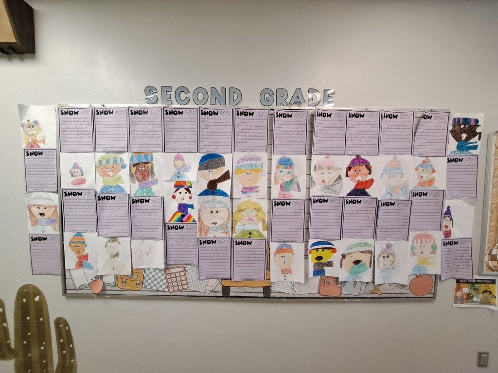 Our 2nd grade classes did a fun writing project where they wrote about a snow day and created these cute images.