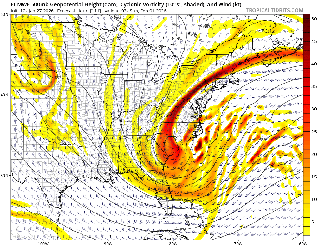 Not sure if you could get a better look for a significant winter storm across the Mid-Atlantic (parts of NC/SC as well). The forecasted storm, which is now 4-5 days out on the EURO, positioned roughly 100 miles Southeast of Cape Hatteras. You can bet on that NW trend around here.