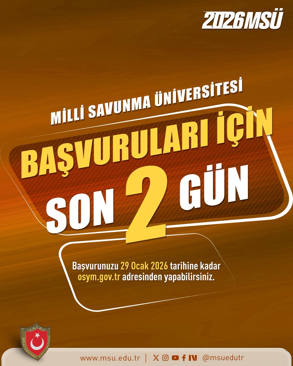 ⚠️ DİKKAT

Kahraman Türk Ordusunun subay ve astsubaylarını yetiştiren Milli Savunma Üniversitesinin 2026 yılı başvuruları, yarın (29 Ocak 2026 Perşembe) sona erecek.

Henüz başvuru yapmayan adaylar, işlemlerini ais.osym.gov.tr adresinden tamamlayabilecek.