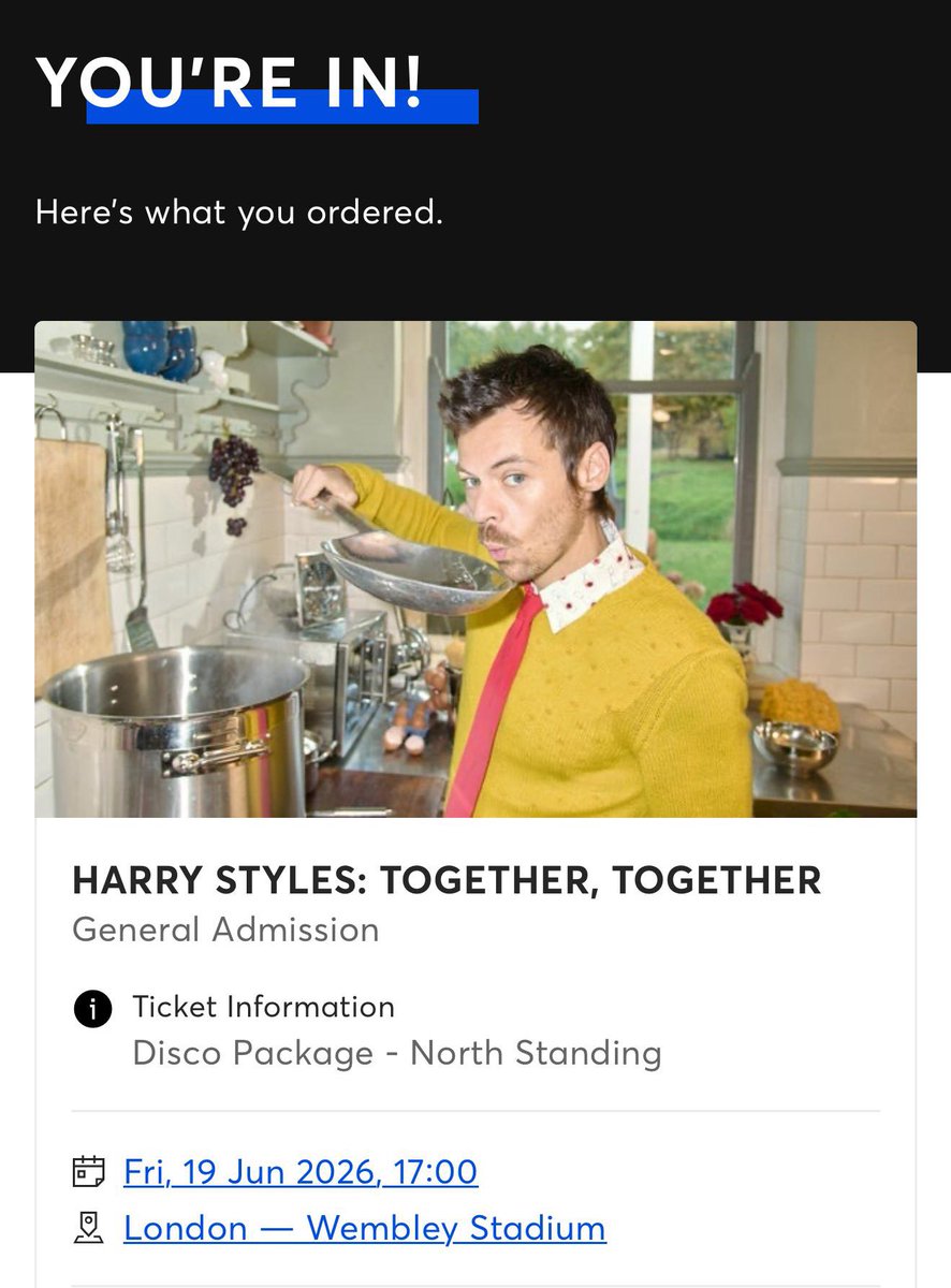 Hi! I’m selling 3 Harry Styles tickets Disco Package – Front North Standing for Wembley Friday June 19
I selected these by mistake because the website wasn’t very clear, so I’m reselling them at original price. 
DM me if interested! 🩷

harry styles together together