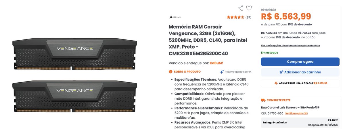 <a href="/devcelio/">Celio 💻</a> Cara literalmente 1 ano atrás 😂
Paguei 857 em 32gb DDR5 (2x16gb) 
A mesma memória hoje em dia estão incríveis 6563 😂

kabum.com.br/produto/286773…