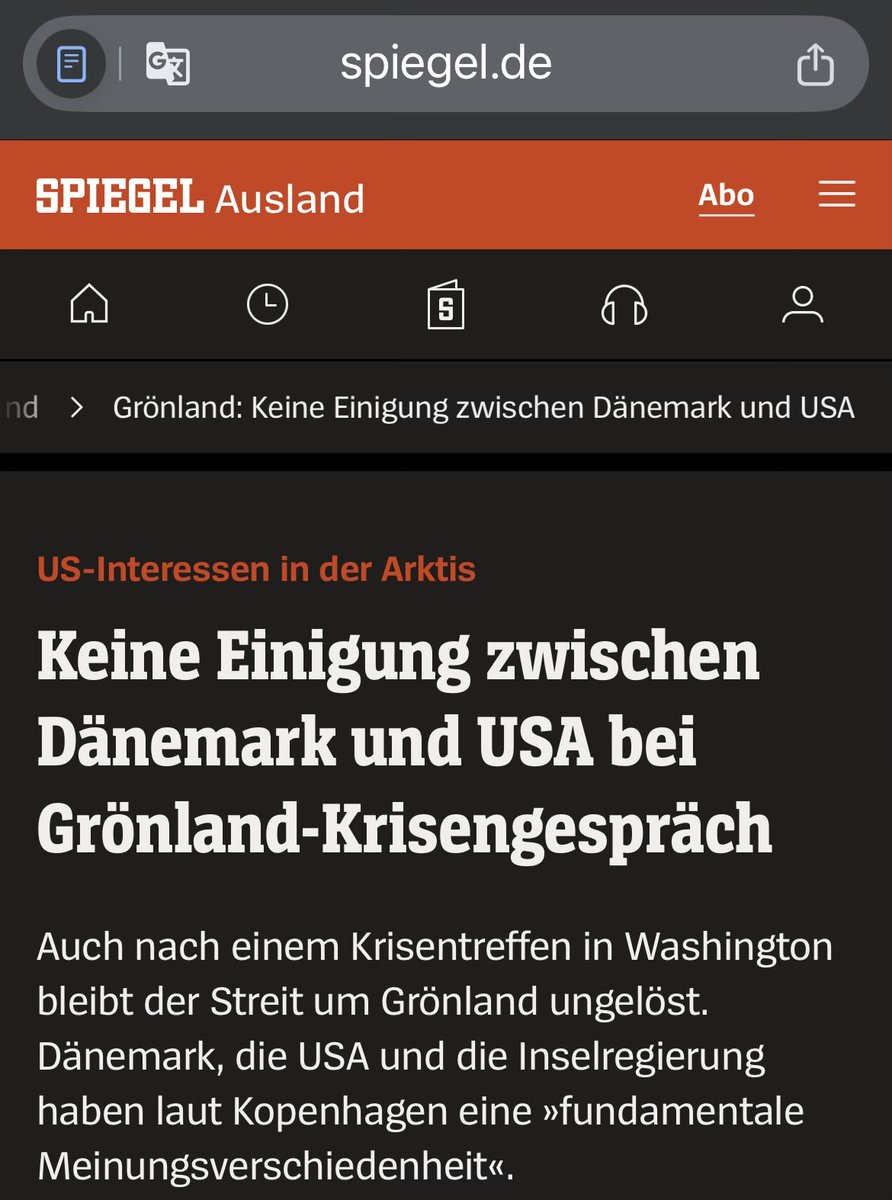 Bu dönemin en büyük hayal kırıklığı kesinlikle “Medya”dır! 
Haberlerin sunuş şekli tamamen manipülatif oldu artık!
Çıtayı yükselten ise Alman “Spiegel” dergisinin web sitesi oldu!

Habere göre Danimarka ile ABD arasında Grönland konusunda anlaşma (!) sağlanamamıştır. 

Sormak