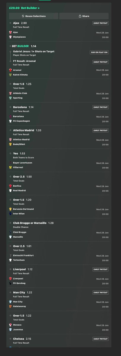 £20 INTO £10,500.00💷😍

CHAMPIONS LEAGUE LONG SHOT ACCA🟨⚽️ 

IF THIS WINS I WILL GIVE £1,000 TO 2 PEOPLE WHO ❤️AND RETWEET THIS POST.

BRING IT ON🤌