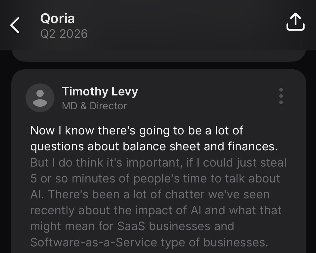 A great piece from <a href="/CapitalHInvest/">Harley Grosser</a> on the $QOR.AX situation, and what happens to valuation narratives in bullish markets:

livewiremarkets.com/wires/when-we-…

And one addition to my thread: On the call, even the $QOR MD acknowledged the main issue was not ARR, but the balance sheet:
