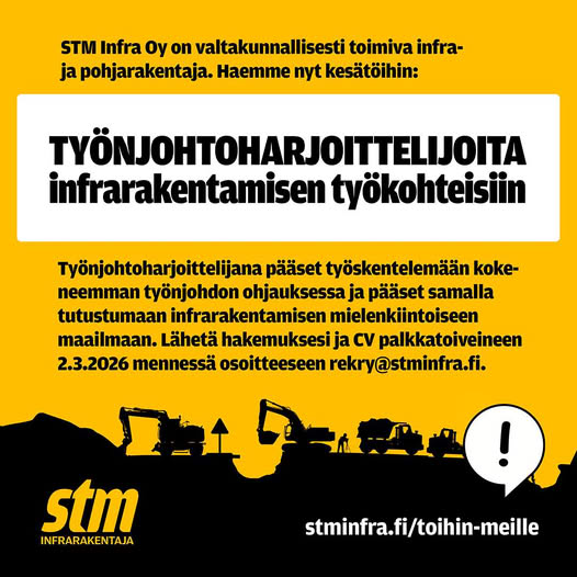<a href="/SKuljetus/">Savon Kuljetus</a>  -konsernissa on tarjolla monipuolisia kesätyömahdollisuuksia mm. infrarakentamisen parissa eri puolilla Suomea. 
✅Tässä tytäryhtiömme STM Infra Oy:n työnjohtoharjoittelijan paikat kesälle 2026. stminfra.fi/toihin-meille/
#infra #STMInfra #rekry #kesätyö #työnjohto