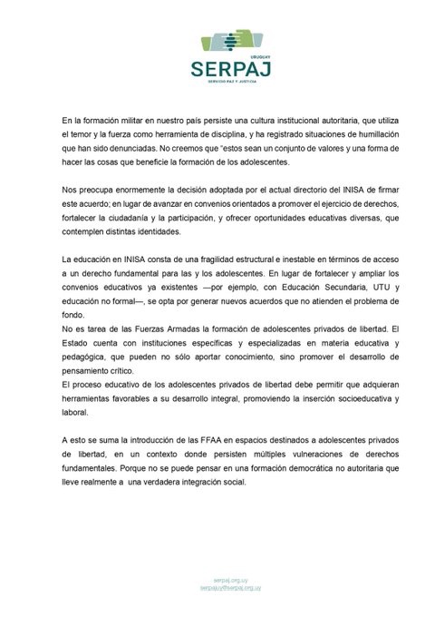 BatlleOrdonez00's tweet image. "SERPAJ @Serpaj_Uruguay como organización defensa de los Derechos Humanos, manifiesta un profundo rechazo a este programa INISA/Ejército" en Uruguay: