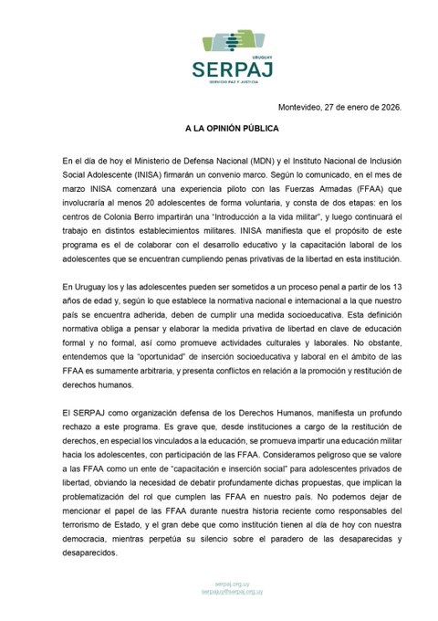 BatlleOrdonez00's tweet image. "SERPAJ @Serpaj_Uruguay como organización defensa de los Derechos Humanos, manifiesta un profundo rechazo a este programa INISA/Ejército" en Uruguay: