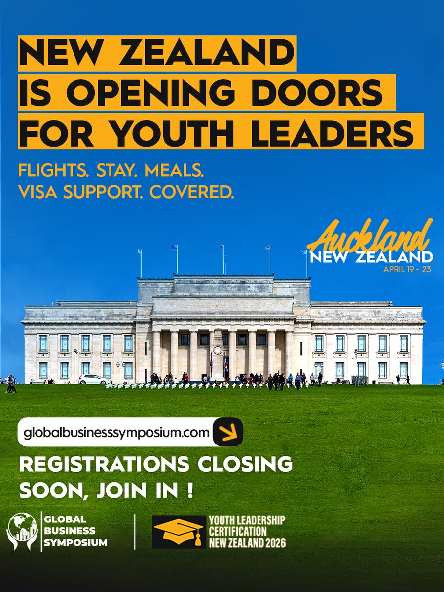 Gbs_Symposium's tweet photo. Last call for future leaders! 🇳🇿

Apply for the Youth Leadership Certification 2026 in Auckland. With 80 funded scholarships available!

📍 Auckland, NZ 
🗓️ April 19–23, 2026 
⏰ Deadline: Feb 5

Don’t miss out—only 9 days left to apply!

🔗 https://t.co/KKqcv9TZzz… https://t.co/U6ykZKMzKx