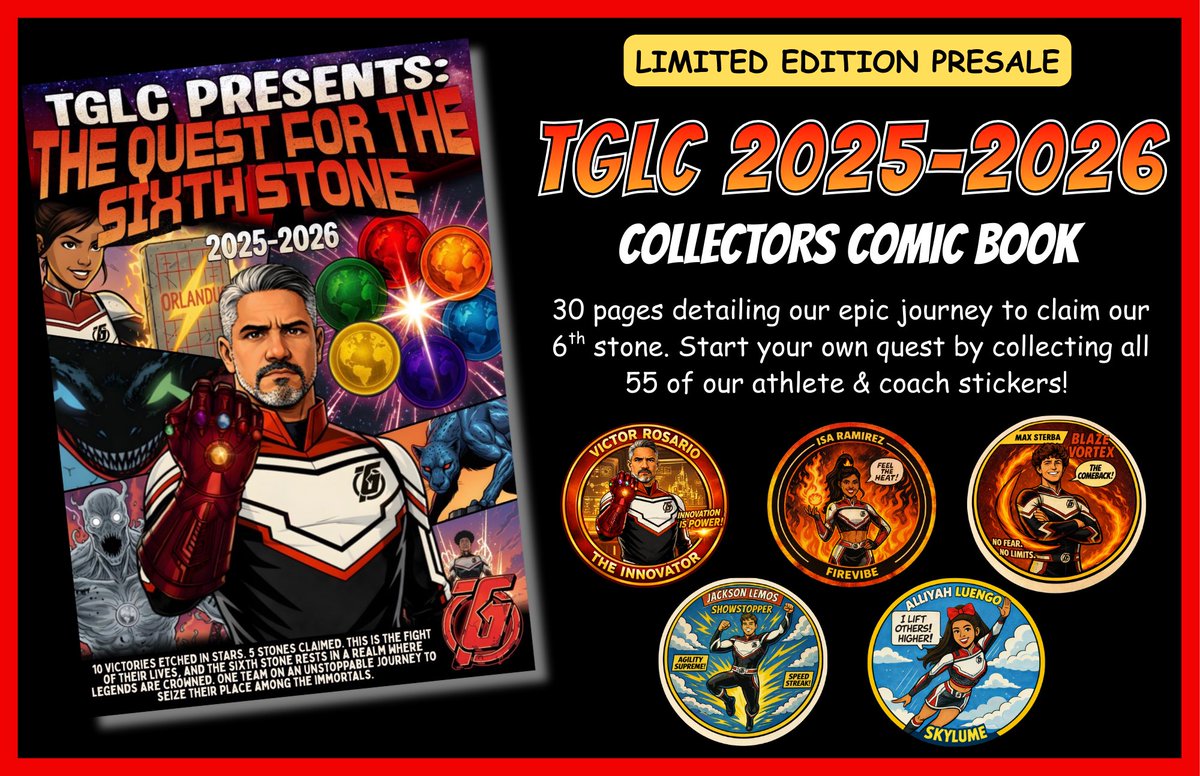 📖 TGLC 25-26 Collector’s Comic Book
The Quest for the Sixth Stone ⚡️

An epic story starring YOUR favorite TGLC athletes as superheroes. Full artwork &amp; action-packed storytelling + collectible stickers.

⏰LIMITED PRESALE 2/2
$16 + shipping

👉 form.jotform.com/260255985645165