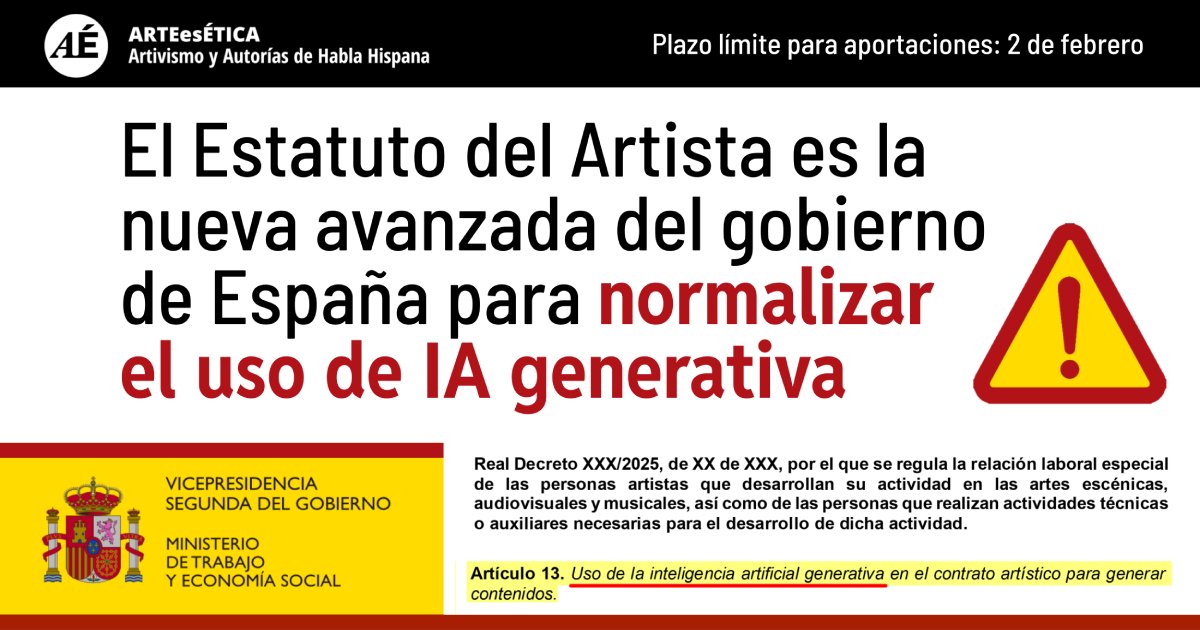 ArteEsEtica's tweet image. RECHAZAMOS el artículo 13 de la modificación del RD que actualiza el Estatuto del Artista, en el que permiten el uso de IA generativa en el contrato artístico para generar contenidos.

INFO + ejemplos de aportaciones enviadas, en nuestra web: arteesetica.org/el-estatuto-de…