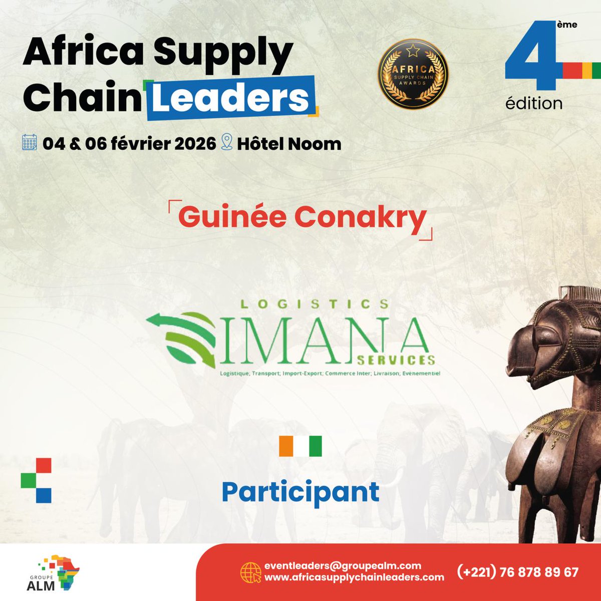 🎯 Nous avons le plaisir de vous annoncer la participation de Logistics Imana Services, Représentant de la Côte d'Ivoire 🇨🇮 à la 4e édition de la conférence Africa Supply Chain Leaders.

#transport #logistics #supplychain #africasupplychain #infrastructures #guinée