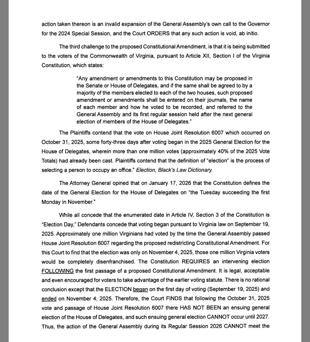 AssocAnderson's tweet photo. A Tazewell County Circuit Court blocked Virginia’s proposed redistricting constitutional amendment, declaring the General Assembly’s actions void ab initio and issuing a permanent injunction.

Why the court stepped in:
• The General Assembly violated its own Special Session rules to add the amendment
• The amendment passed after the 2025 election had already begun (early voting), so there was no “ensuing general election” as required by the Constitution
• Va. Code § 30-13 notice requirements were not followed, making any 2026 vote ineffective

Important limitation:
This is a circuit court order, so it is formally binding only in Tazewell County — not statewide yet. But it squarely declares the process unconstitutional, forces an appeal, and seriously clouds the amendment’s path unless reversed or stayed.