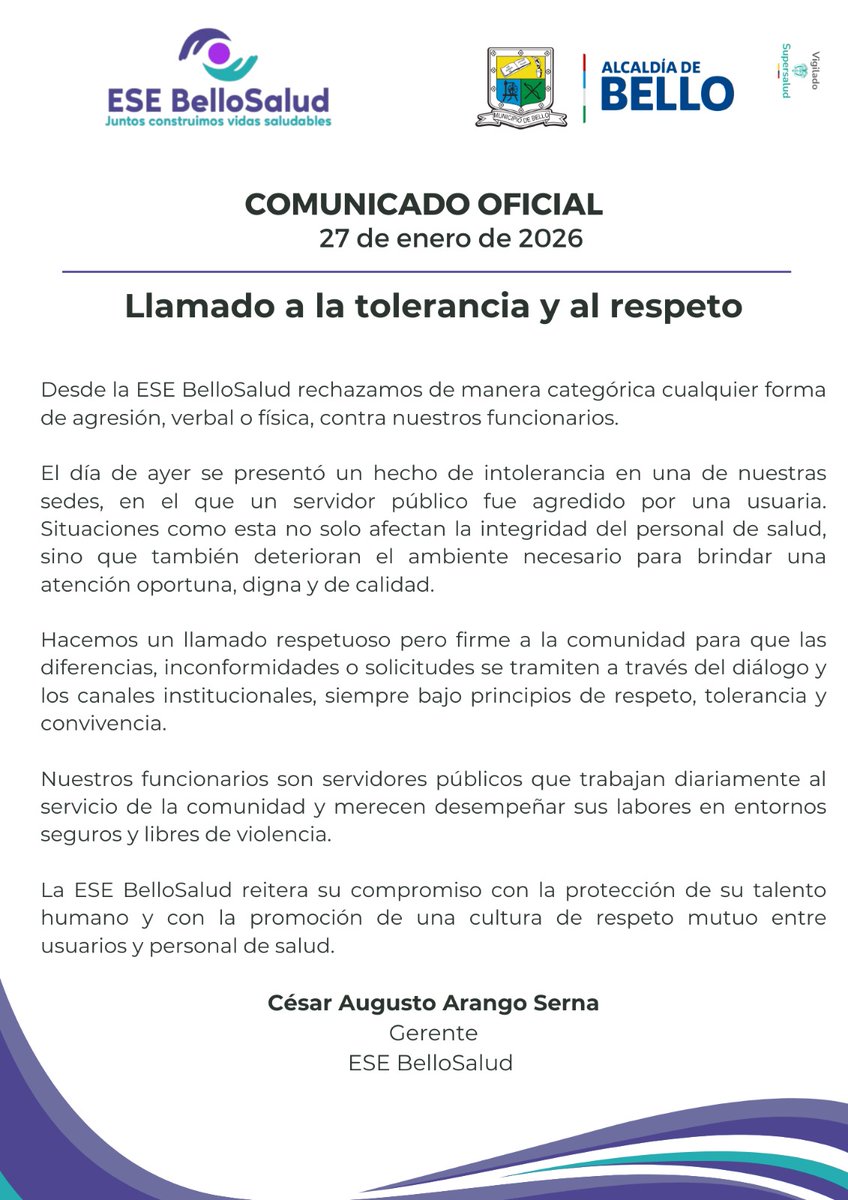 En la ESE BelloSalud rechazamos cualquier tipo de agresión contra nuestro personal.
El respeto y el diálogo son esenciales para una atención en salud digna.
Nuestros funcionarios son servidores públicos y merecen entornos seguros. 💜