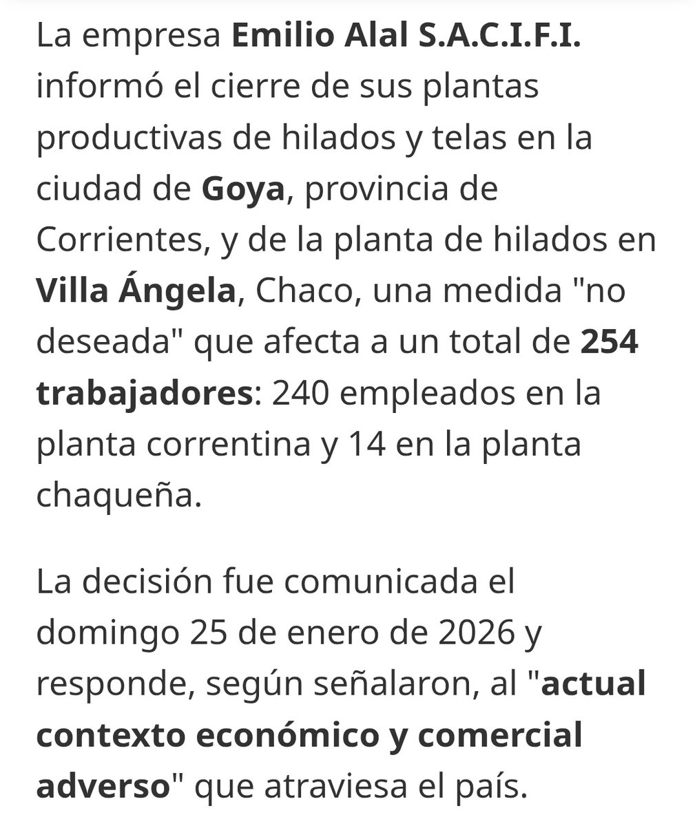 La noticia del cierre de las plantas textiles de Emilio Alal en Goya y Villa Ángela es un golpe al corazón productivo de Corrientes y Chaco. 

¡No son solo números; son familias!