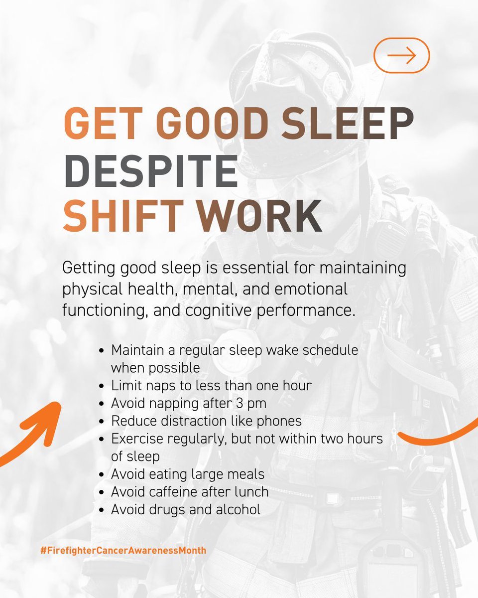 fcifightscancer's tweet image. We get it. Shift work makes sleep hard to come by. Disruptions can be a hazard to your health, so do your best to catch up on sleep off-duty, but also find a quiet spot at your station to rest when possible. #ffcam #firefightercancerawareness #firefighterhealth