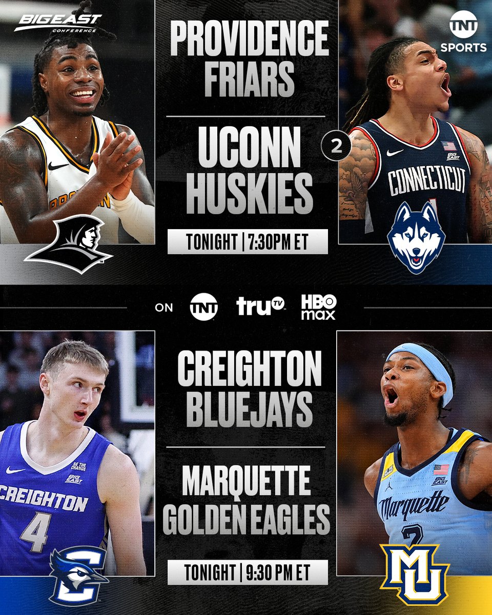 A @BIGEASTMBB slate is coming your way tonight 🏀🍿
@PCFriarsmbb vs No. 2 @UConnMBB // 7:30pm ET
@BluejayMBB vs @MarquetteMBB // 9:30pm ET