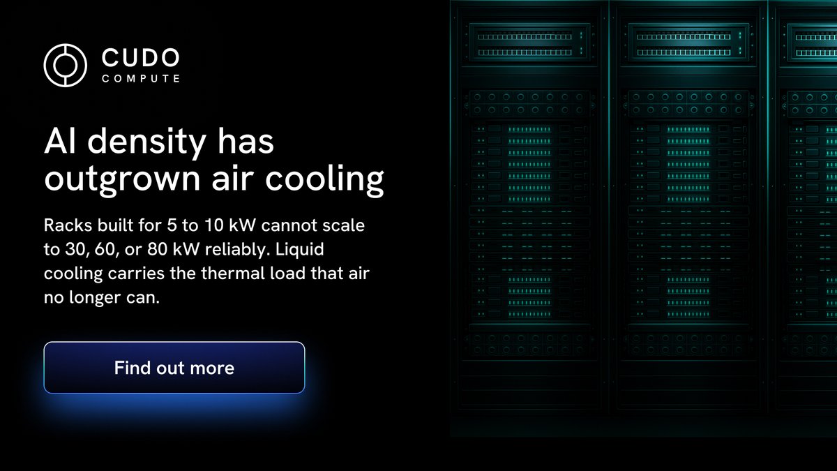 At modern rack densities, air cooling hits a wall.
Heat flux outruns airflow.

Direct-to-chip liquid cooling removes most of the GPU's heat. Air handles the rest.

Read our complete analysis on why cooling now limits #AI infrastructure: cudocompute.com/blog/designing…