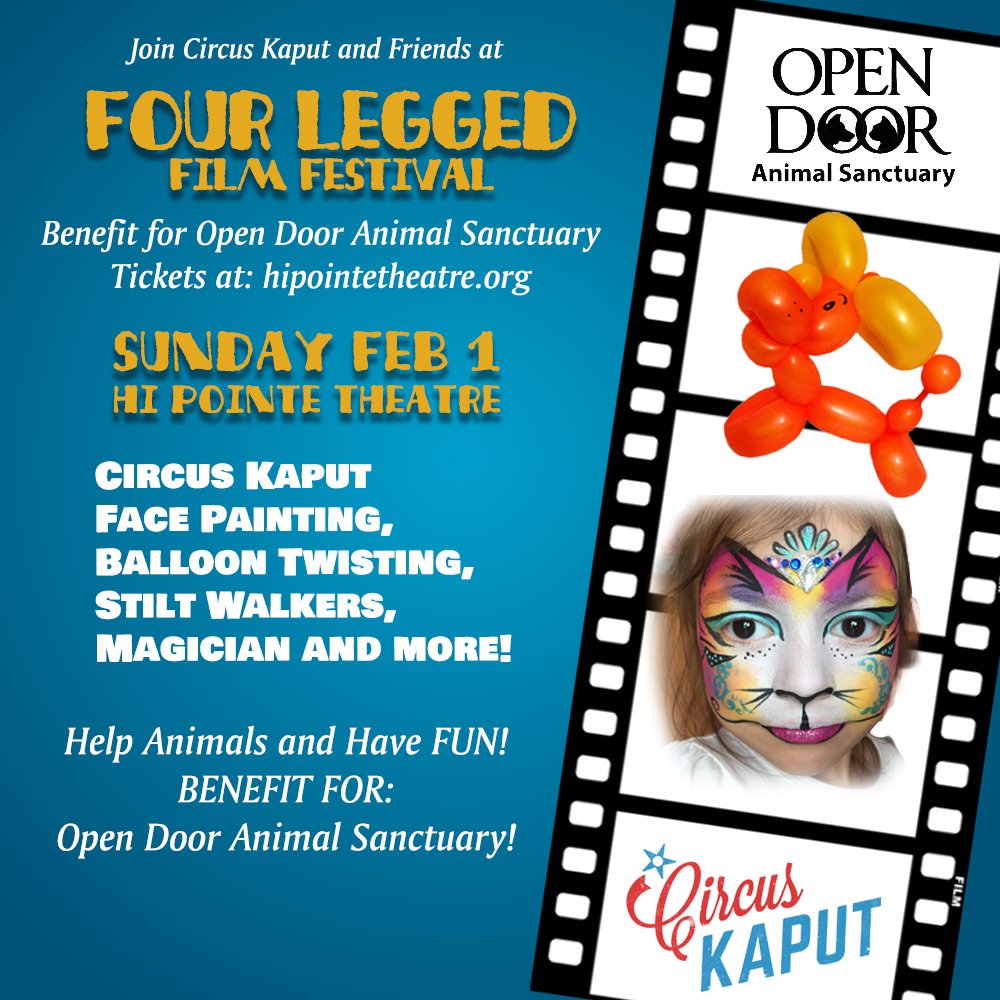 Come out to the HiPointe this Sunday Feb 1 and get face painting and a balloon! Watch funny dog and cat videos and help pets: Benefit for Open Door Animal Sanctuary! #circuskaput #stlouis #hipointetheatre