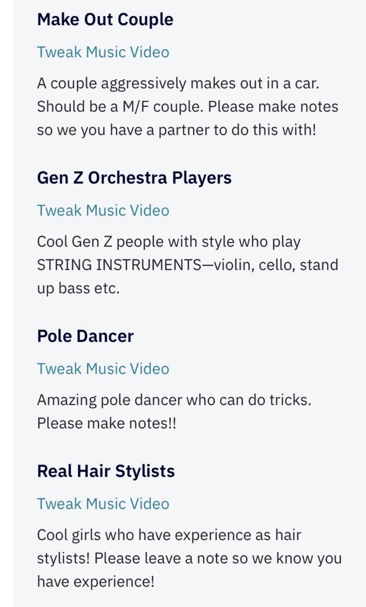 RlBELLESET's tweet image. so girlset’s tweak mv might feature:
- pole dancers
- a passive agressive male lead
- gen z orchestra players 
- a couple making out
- horseback rider (???)
looks like they’re putting a lot of money on girlset