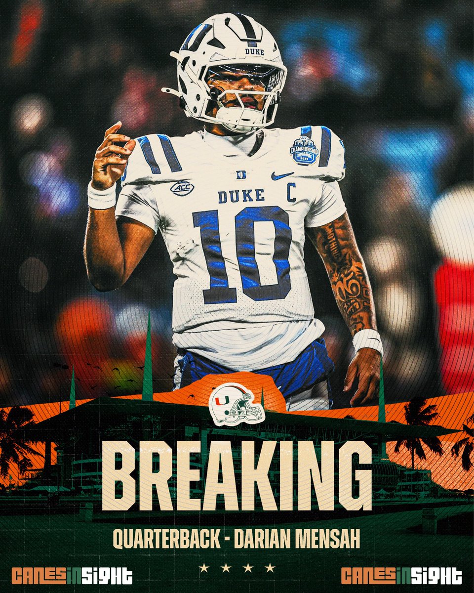 canes_muse's tweet image. BREAKING: Duke transfer QB Darian Mensah has committed to Miami. 

Canes land a top QB out of the portal for the third straight year.