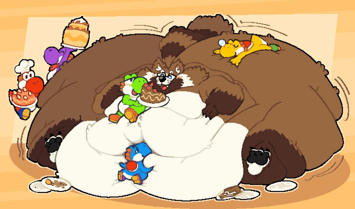 I love the yoshis so much. They know a lot about food and how to keep me full. In return I provide them a nice comfortable bed to lay on. They are just so cute. 🤎
🎨: <a href="/RoundedPentagon/">RoundedPentagon</a>