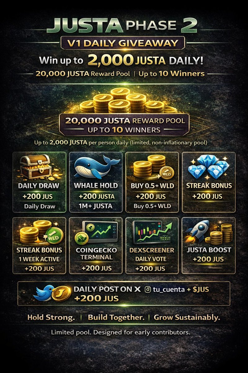 JUSTA Phase 2 · V1 Daily Giveaway 28/01/26

💰 20,000 JUSTA daily pool
🏆 Up to 10 winners
🎯 Max 2,000 JUSTA per person
Complete missions, support the ecosystem &amp; build sustainably.
Valid until 10K MCAP.
For the main giveaway pool, like, rt and reply your wld wallet.