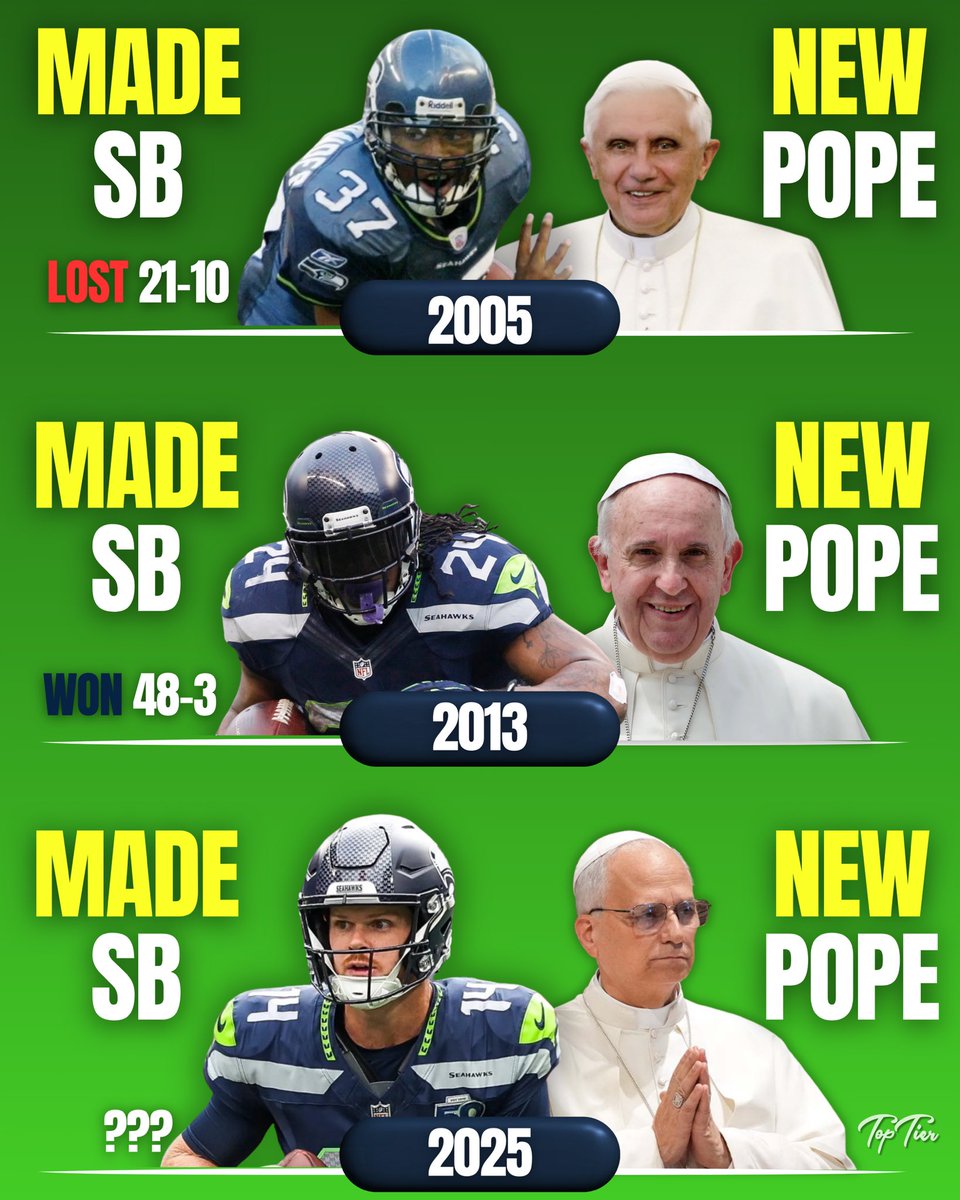 TopTierState's tweet image. The past 3 times the Vatican has elected a new Pope, The Seattle Seahawks have punched a ticket to the Super Bowl.