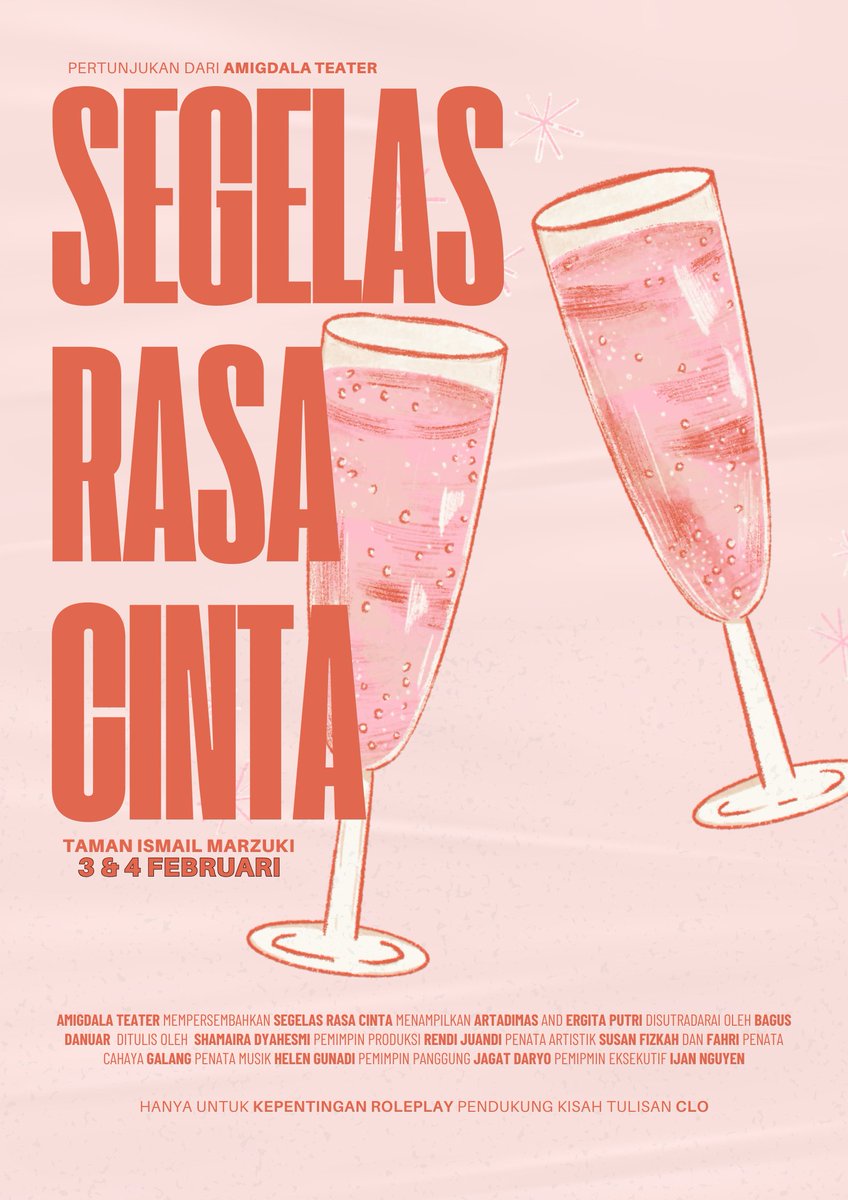 𝐀𝐦𝐢𝐠𝐝𝐚𝐥𝐚 𝐭𝐞𝐚𝐭𝐞𝐫
━━━━━━━━━━━━━━━━━━
"𝑺𝑬𝑮𝑬𝑳𝑨𝑺 𝑹𝑨𝑺𝑨 𝑪𝑰𝑵𝑻𝑨"
𝑆𝑒𝑐𝑎𝑛𝑔𝑘𝑖𝑟 𝑘𝑒𝑐𝑖𝑙 𝑝𝑒𝑛𝑢𝘩 𝑟𝑎𝑠𝑎 𝑘𝑎𝑙𝑎 𝑎𝑘𝑎𝑙 𝑡𝑎𝑘 𝑙𝑎𝑔𝑖 𝑝𝑢𝑛𝑦𝑎 𝑎𝑠𝑎

📍𝑇𝑎𝑚𝑎𝑛 𝐼𝑠𝑚𝑎𝑖𝑙 𝑀𝑎𝑟𝑧𝑢𝑘𝑖
🗓3 &amp; 4 Februari
🎫IDR30.000