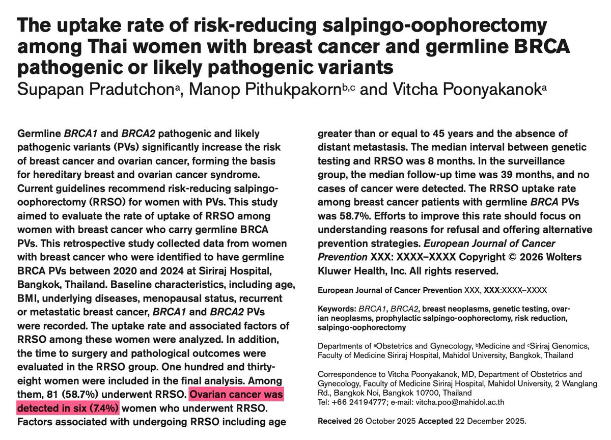 คนส่วนใหญ่เวลาพูดถึงมะเร็งเต้านม, ยีน BRCA1/2 และการผ่าตัดป้องกัน จะนึกถึงการผ่าตัดเต้านมก่อนเสมอ จากข่าวของ Angelina Jolie ที่ดังมากเมื่อ 12 ปีก่อน

แต่ถ้าต้องเลือกผ่าตัดป้องกันมะเร็งได้แค่อย่างเดียว แพทย์ทุกท่านจะแนะนำให้ผ่าตัดรังไข่และปีกมดลูก (RRSO) ครับ