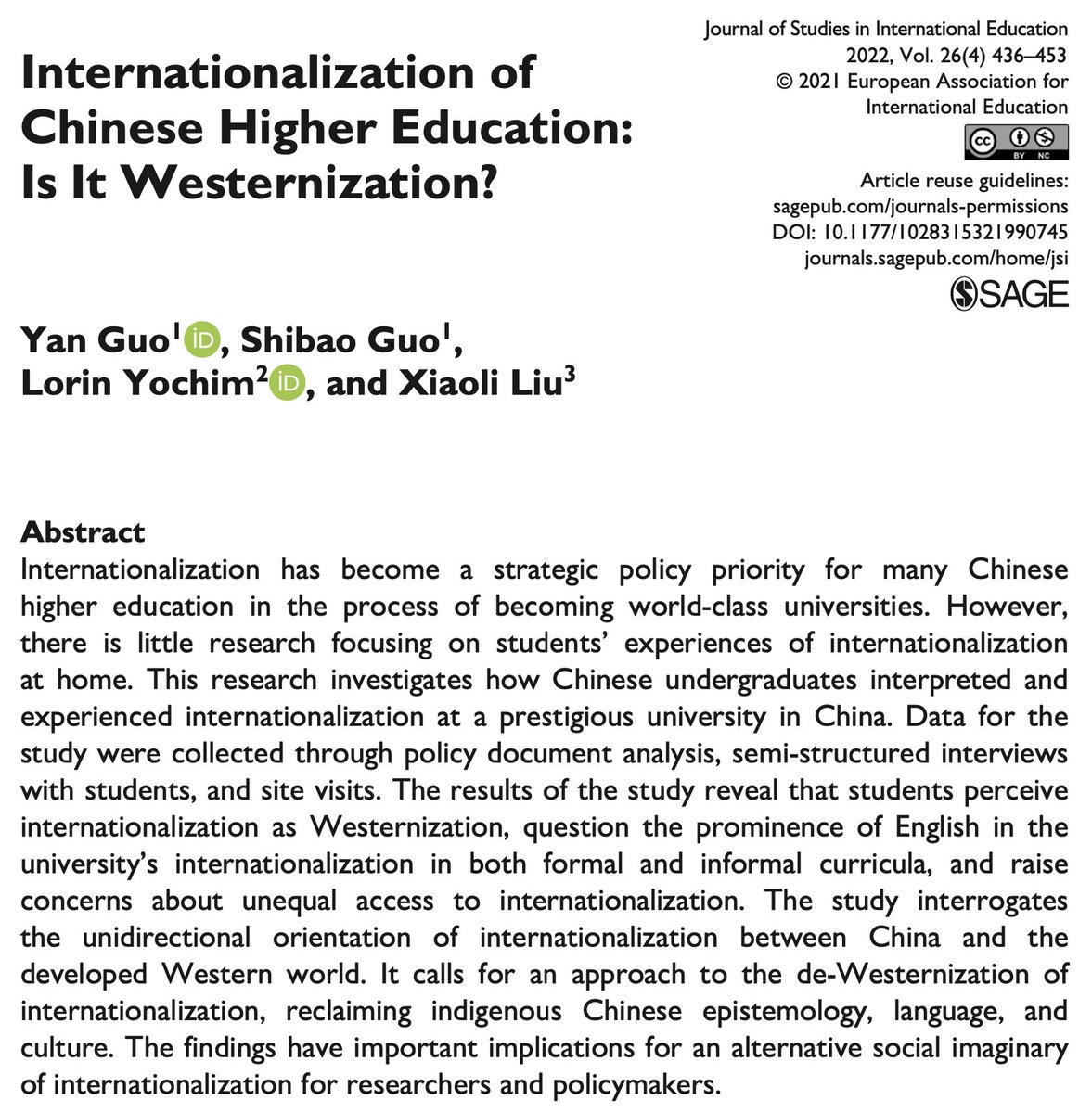 jsinted's tweet image. Internationalization of Chinese higher education: is it Westernization?

Yan Guo, Shibao Guo, @LorinYochim and Xiaoli Liu

Open access → doi.org/10.1177/102831…

#Internationalization #HigherEd #Westernization #InternationalizationAtHome #StudentMobility #IntlEd #China 🇨🇳