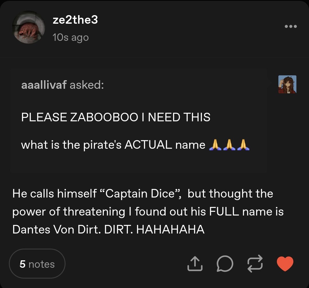 Adobo_Ba's tweet photo. WE GOT THE PIRATES NAME LETS FUCKING GOOOOOOO
Dantes Von Dirt is such a silly name i love it 😭😭 https://t.co/YaYwP0O9ve