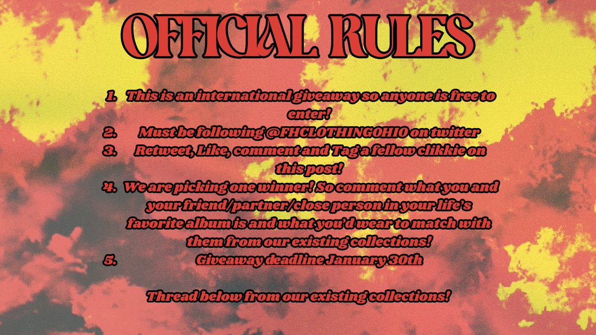 GIVEAWAY TIME!! 🥁

THIS WILL BE A FREE INTERNETIONAL GIVEAWAY SO ANYONE IS ABLE TO ENTER

FOLLOW THE RULES BELOW! 

WE WILL PICK ONE WINNER FOR THE DOUBLE SWEATSHIRTS

WINNER WILL BE PICKED JANUARY 30th

THREAD BELOW TO SHOW ALL AVAILABLE SWEATSHIRTS FROM OUR COLLECTIONS