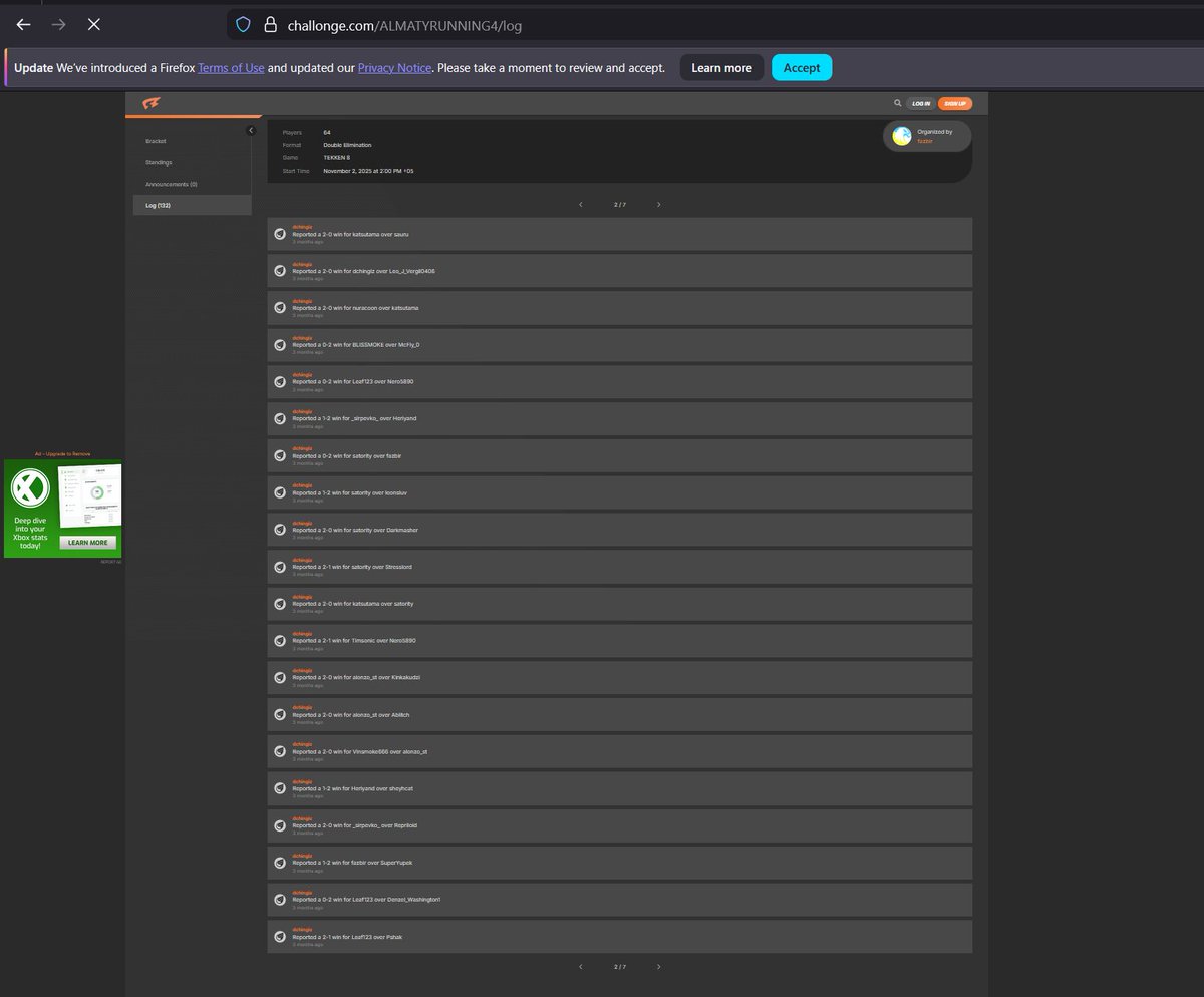<a href="/BNEesports/">Bandai Namco Esports</a> 

Would like to report bracket manipulation in TWT Asia 1 regional leaderboard.

So the top player in the region has updated brackets himself, vague/misleading disqualifications in tournament and the points got rewarded..
 
Here is the link
challonge.com/ALMATYRUNNING3…