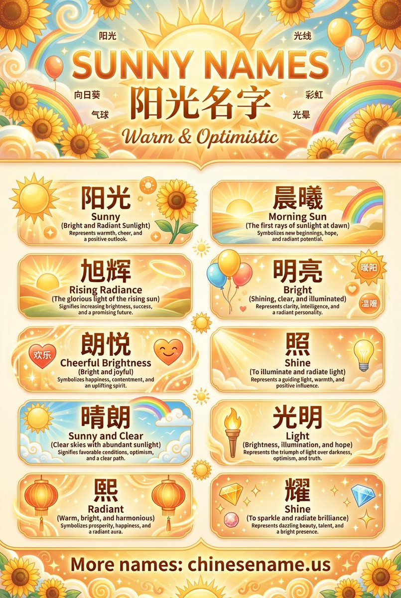 yangjerry666's tweet image. Looking for a name that radiates sunshine? ☀️

Discover beautiful Chinese names that mean "Sweet" and embody optimism. Perfect for babies, OCs, or anyone needing positive energy! ✨

Find your name inspiration here: 👉 chinesename.us

#ChineseNames #BabyNames