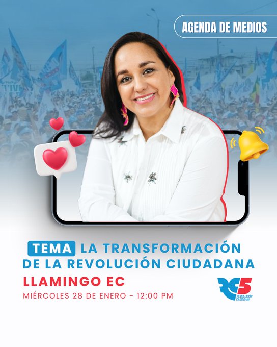 #GabrielaEnMedios | Mañana tenemos una cita importante para conversar sobre el futuro del país. Acompañemos a <a href="/GabrielaEsPais/">Gabriela Rivadeneira</a> en una entrevista exclusiva con <a href="/LlamingoE/">Llamingo.Ec</a>.

🔹 Tema: La Transformación de la Revolución Ciudadana.
📅 Miércoles 28 de enero
🕛 12:00 PM

#SomosRC5