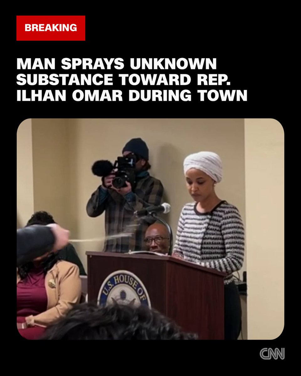CNN's tweet image. A man attacked Minneapolis Rep. Ilhan Omar, spraying an unknown substance with a strong odor toward her, just seconds after the Democratic congresswoman called for DHS Secretary Kristi Noem to resign and urged the abolishment of ICE. Follow live updates. cnn.it/4a5lpRx